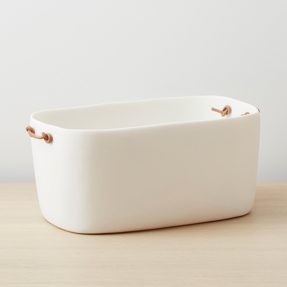 resin bucket with leather handles, white