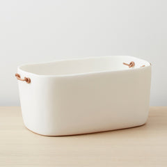 resin bucket with leather handles, white