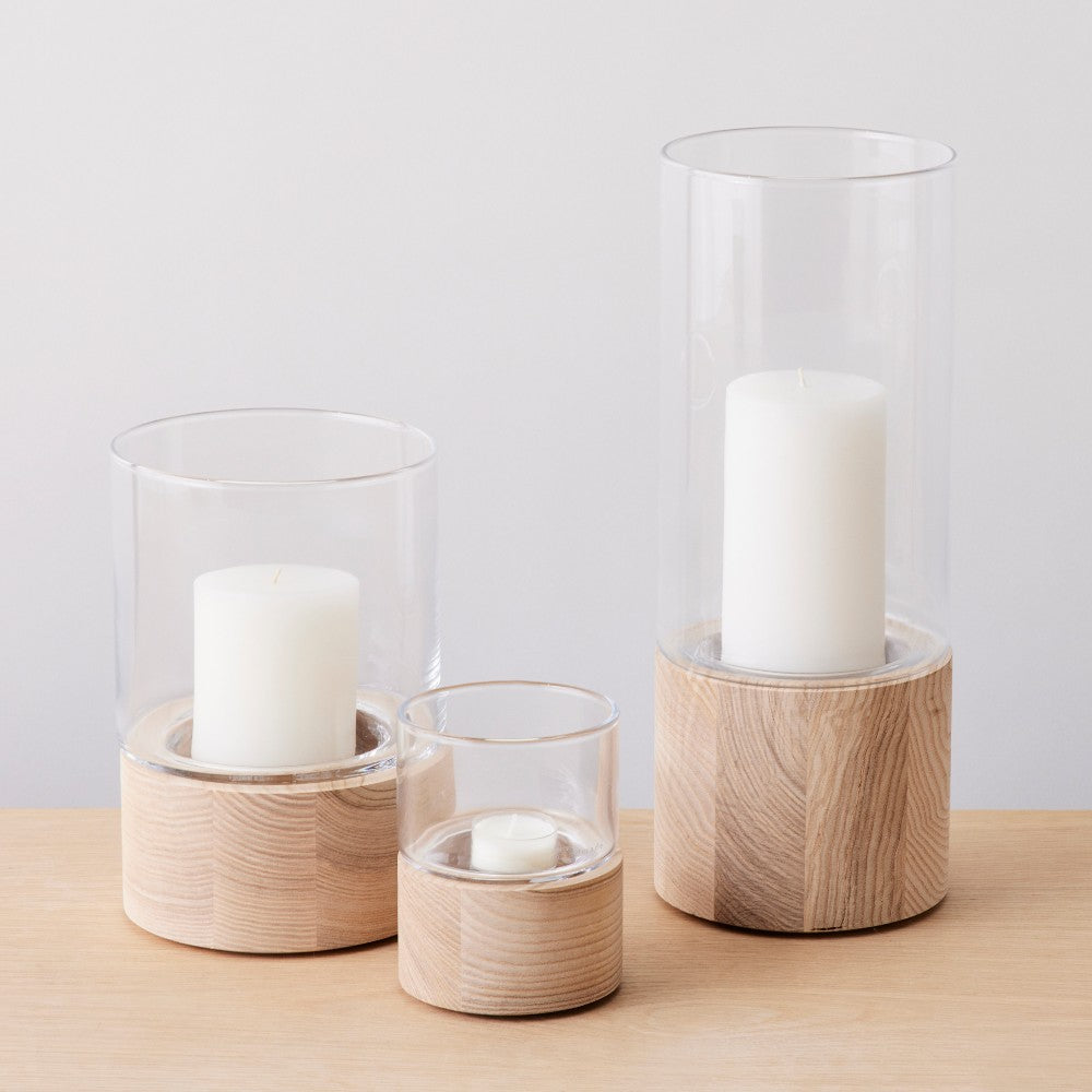 glass and ash wood base lantern, 5"